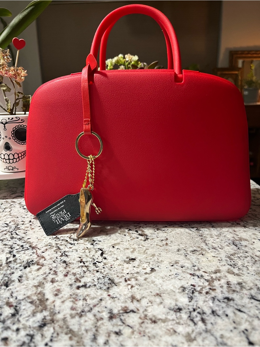 Prada Red Dome-Top Handbag with Gold Charm Keyring